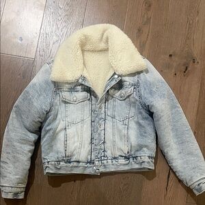 Oat New York Light Wash Denim Jacket with Cream Sherpa Collar